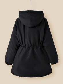 SHEIN Explorewe 少女休闲简约加厚连帽外套，胸前字母刺绣，松紧腰带，适合秋冬季外出、上学、通勤、旅行 - 黑色 - 查看 2