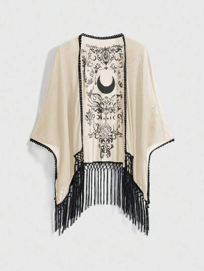 Goth Plus Size Women Asymmetrical Fringe Hem Baroque Moon Pattern Flocked Texture Cardigan Blouse, Romantic Bohemian Style, Suitable For Spring/Summer Vacation