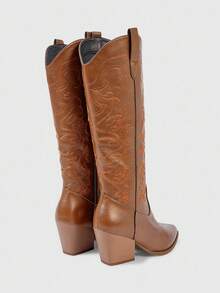 ROMWE Fairycore Bốt cao đến đầu gối bằng da, mũi nhọn màu nâu, đế dày, thêu họa tiết thời trang ngoài trời thu/đông 2025 - màu nâu - Xem 8