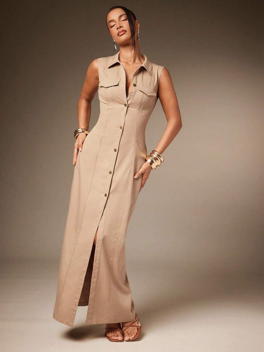 Hauture Vestido camisero sin mangas de mujer con botones delanteros, de tejido elástico y estilo utilitario de calle - Marrón - Ver 1