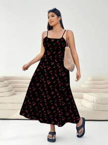 SHEIN EZwear Váy chữ A không tay hở lưng in họa tiết quả anh đào có dây buộc ở eo, eo có thể điều chỉnh, khóa kéo ẩn, váy mùa hè đa năng thường ngày cho người ngoại cỡ - Nhiều màu - Xem 5