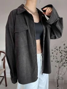 FRIFUL Women's Regular Collar Corduroy Loose Solid Color Chest Pocket Decoration Loose Autumn/Winter Shirt, Fall Womenswear Long Sleeve Top