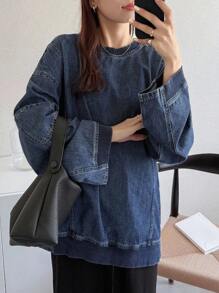 FRIFUL 女式休闲水洗落肩宽松牛仔衬衫 - 藍色 - 查看 1