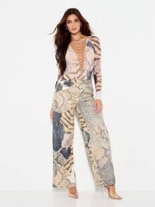 KIZN Long Sleeve Cross Front Lace Up Bodysuit Snake Print Pattern Form Fitting One Piece Evening Party Club Night Out Autumn Winter Fall Wear