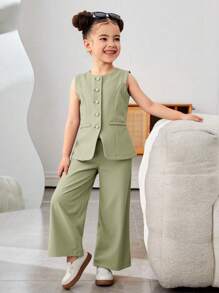 SHEIN 年轻女孩通勤休闲纯色梭织无袖圆领上衣和直筒裤套装，法式 - 綠色 - 查看 8