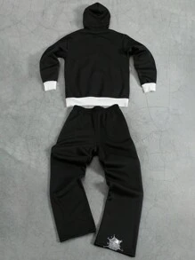 Manfinity Roghcode Manfinity Streetrush Men's Letter Print Contrast Color Zipper Hoodie And Sweatpants Casual Tracksuit Set - Black and White - View 2