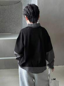 Dazy Kids 青少年男童宽松休闲格子拼接T恤，秋季款 - 黑色 - 查看 8