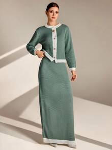 EURMUSE 蜂巢图案开衫和裙子套装（鼠尾草绿和奶油色） - 綠色 - 查看 6