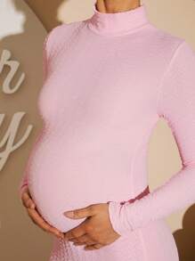 Loomaby 孕妇优雅派对纯色立领修身连衣裙 - 粉色 - 查看 4