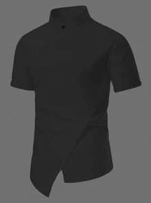 Manfinity Homme Men's Solid Color Button Design Short Sleeve Casual Shirt Men Black Shirt - Black - View 5