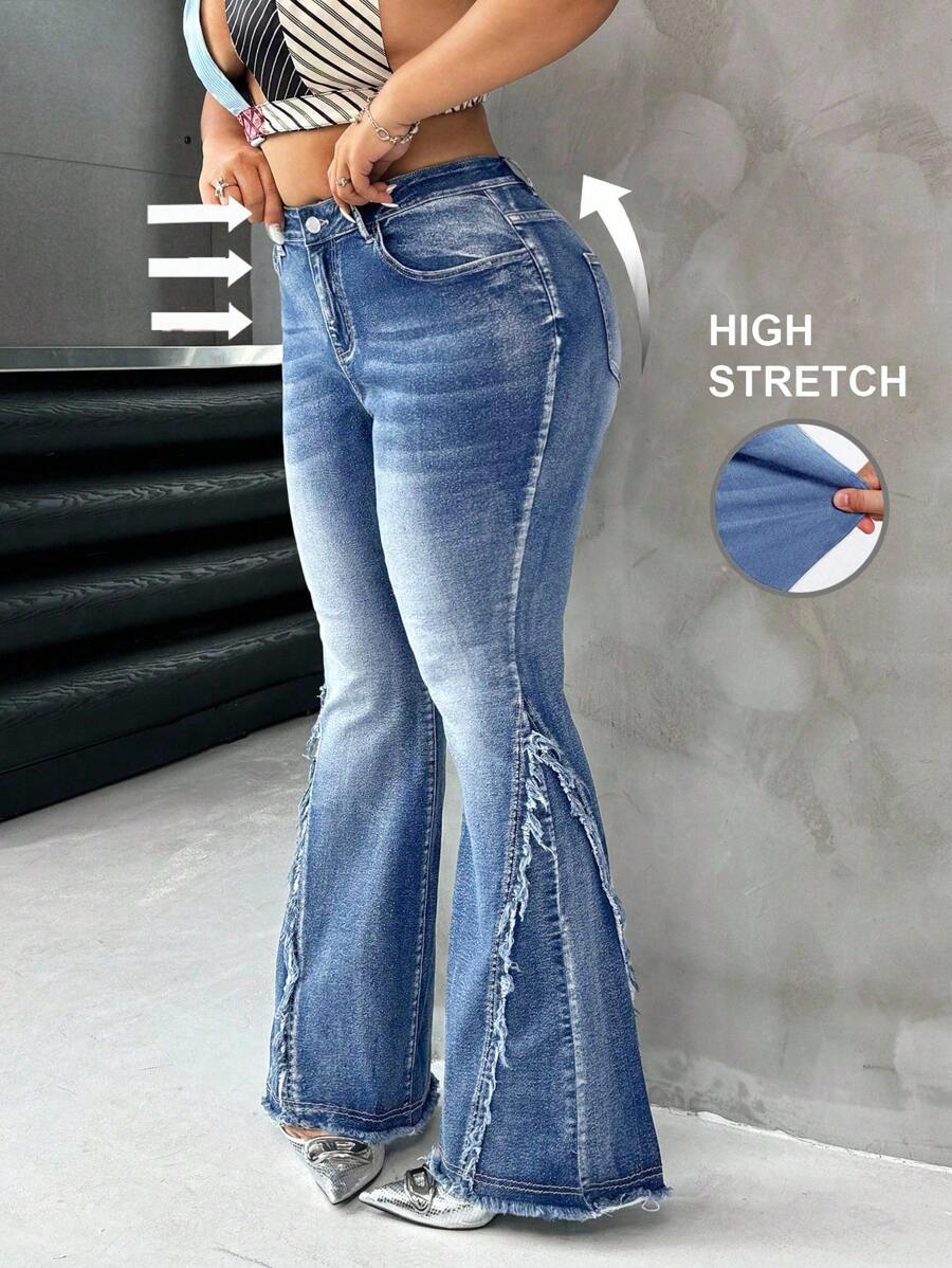 SHEIN ICON Jeans bleus grande taille extensibles évasés, pantalon Y2K pour l'automne et l'hiver, pantalon à jambes coupées, style rétro - Jean clair - Voir 1