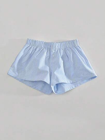 SHEIN BASICS 女式輕藍色編織細條紋寬鬆盒型褲，低腰設計