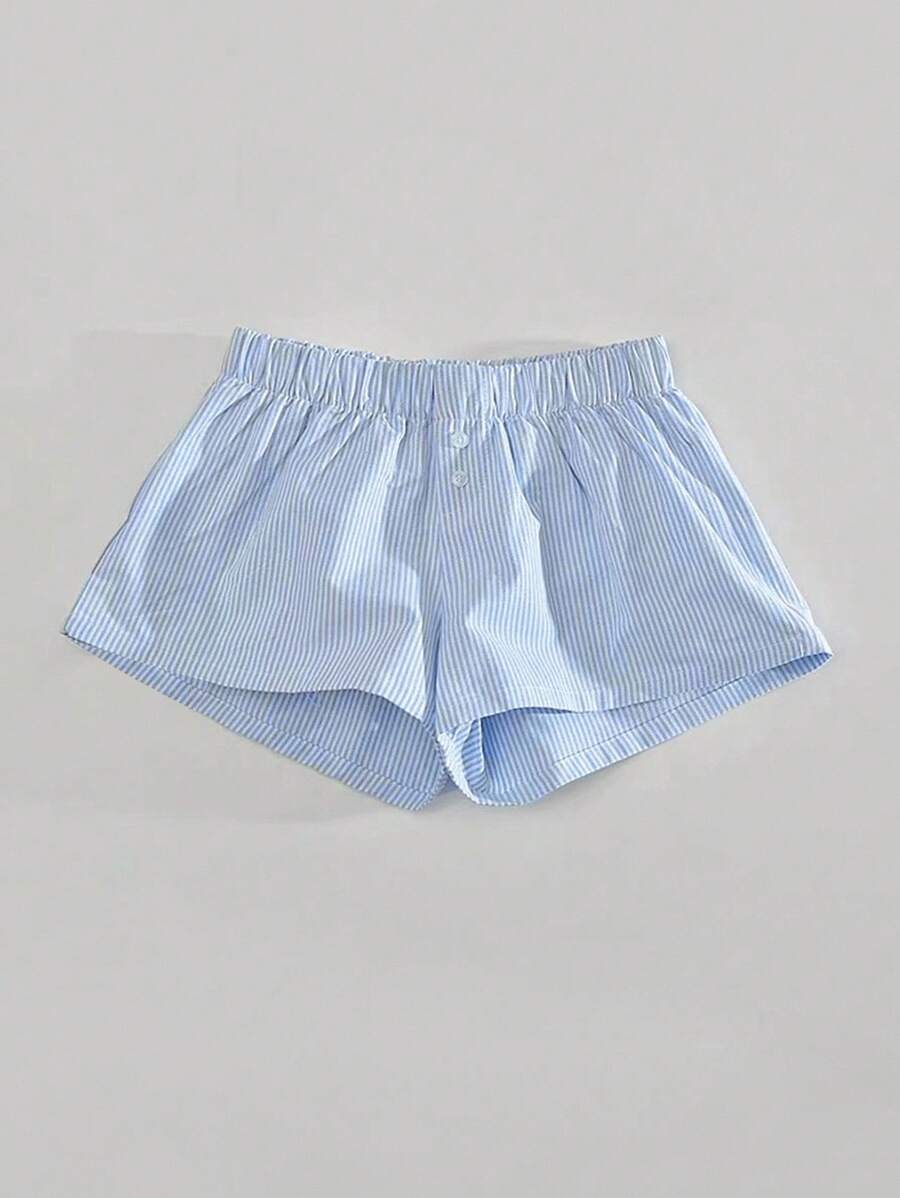 SHEIN BASICS 女式輕藍色編織細條紋寬鬆盒型褲，低腰設計 - 淺藍色 - 查看 1