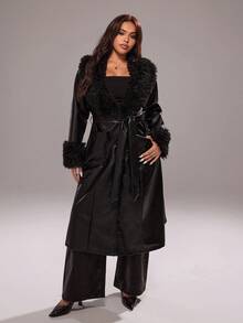Rustia Plus Size Women Faux Leather Coat With Fur Collar, Long Slim Fit Jacket Winter Fall Autumn