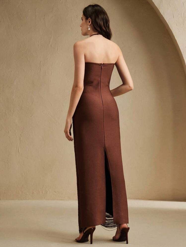 Robe longue ajustée élégante rouge cinabre avec col montant à franges, robe de soirée de luxe, robe de fête à la mode, pour l'été, la remise des diplômes, les festivals, les invités de mariage