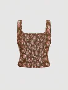 SHEIN MOD Áo crop top buộc dây họa tiết hoa cổ điển cỡ lớn. Halloween, phong cách cổ điển, thập niên 70. phong cách du mục - Nhiều màu - Xem 2