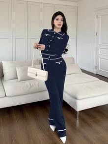 Feyla 2pcs Women Contrast Color Block Button Front Pocket Long Sleeve Top And Pants Set 2 Pieces Set In Fall/Winter - Blue - View 4