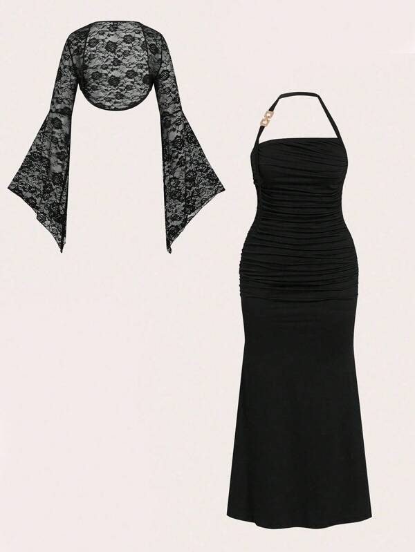 Sweetra 2pcs/Set Plus Size Women Dark Floral Lace Flare Sleeve Vest Jacket And Halter Neck Dress