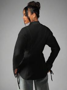 MISSGUIDED Áo sơ mi công sở thanh lịch cỡ lớn, tay dài, cài nút, eo nhún, thắt nơ, chi tiết cổ tay, thời trang công sở chuyên nghiệp mùa thu đông, trang phục công sở - màu đen - Xem 2