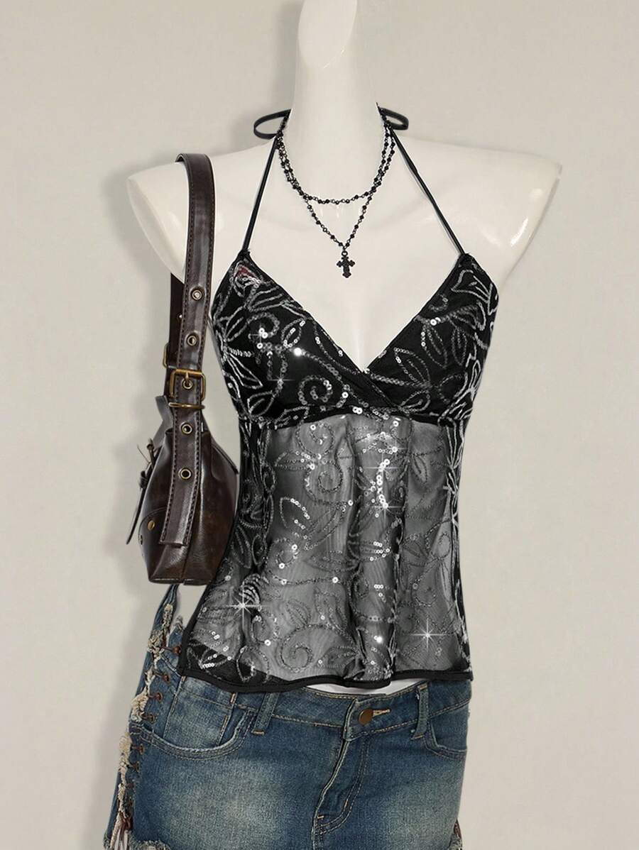 SHEIN ICON Women's Y2K Sexy Sequin Mesh Backless Halter Neck Top Sequin Tank Top Clubbing Tops - Black - View 1