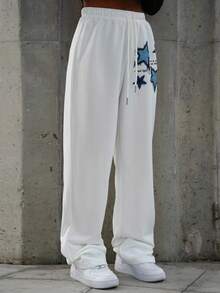 SAYEHFBABY 2024 New Western Simple Casual Streetwear Sports Drawstring Straight Leg Pants, White Star Print For Women - White - View 3