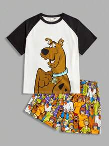 SCOOBY-DOO X SHEIN Plus Size Men's Comfortable Contrast Color Cartoon Dog Print Short Sleeve Top And Shorts Loungewear Set, Summer, Fall Clothes