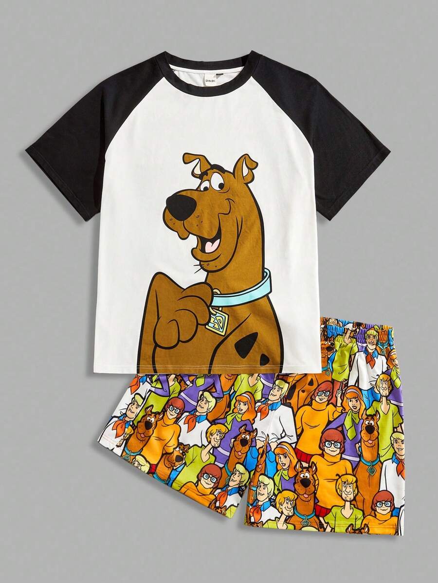 SCOOBY-DOO X SHEIN Plus Size Men's Comfortable Contrast Color Cartoon Dog Print Short Sleeve Top And Shorts Loungewear Set, Summer, Fall Clothes
