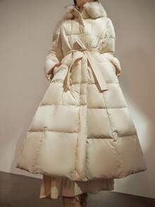 DAZY 女士优雅拼布毛领腰带厚垫长款大衣，秋冬 - 白色 - 查看 4