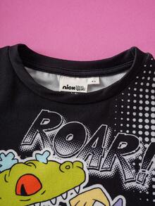 Nick 90s | SHEIN 男童卡通绿色恐龙图案黑色休闲短袖T恤 - 黑色 - 查看 4