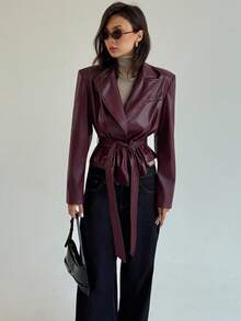 Aloruh 女式纯色长袖翻领PU皮革时尚西装外套 - 酒紅色 - 查看 8