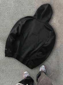 Chillumni 男士休闲简约半开超大连帽宽松休闲拼色螺纹小印花连帽衫，落肩连帽衫，图案连帽衫，男士图案连帽衫，男友礼物，男士图案连帽衫超大运动衫男士男士超大街头潮流运动衫超大连帽衫 - 黑色 - 查看 5