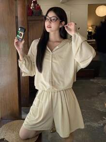 DAZY Conjunto de 2 piezas de camisa con capucha y shorts casuales de estilo japonés para mujer - Albaricoque - Ver 3