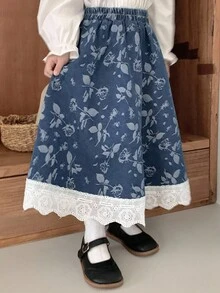 DAZY 小女孩的碎花牛仔裙度假 - 中等水洗藍 - 查看 4