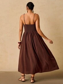 Travachic Váy dây xếp ly màu trơn cỡ lớn dành cho nữ, phong cách nghỉ dưỡng, trang phục nghỉ dưỡng cho nữ, trang phục nghỉ dưỡng cho nữ, trang phục đi biển, trang phục mùa hè cho nữ, váy mùa hè cho nữ, váy cho nữ, váy mùa hè - màu nâu - Xem 2