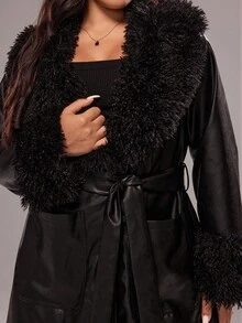 Rustia Plus Size Women Faux Leather Coat With Fur Collar, Long Slim Fit Jacket Winter Fall Autumn