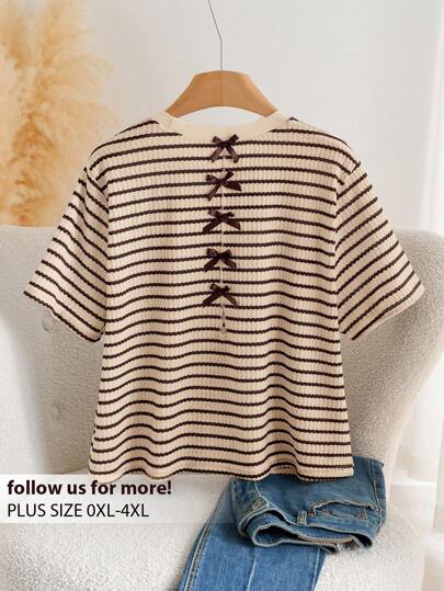 CosyJoli Plus Size Women's French Style Hollow-Out Bow Knit Sweater Spring To Summer