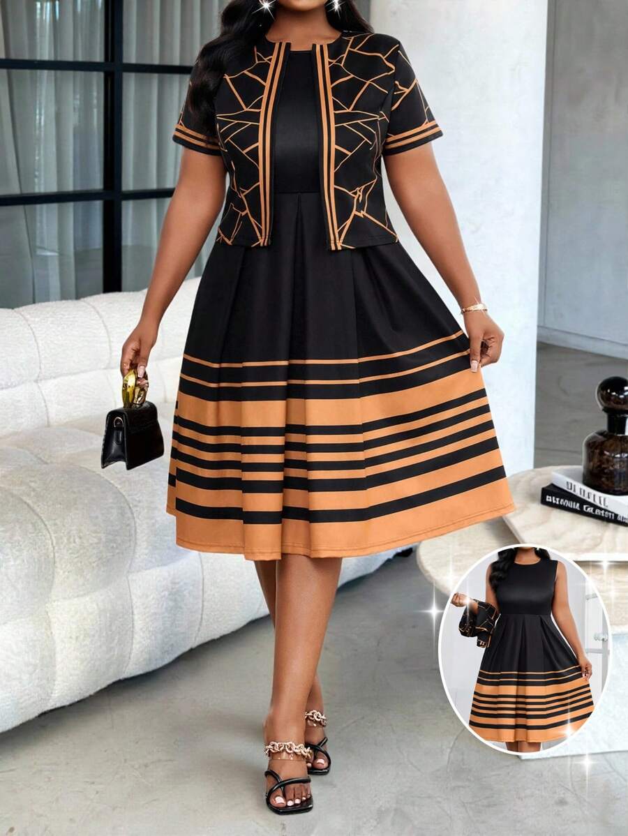 SHEIN Lady Bộ đồ hai mảnh công sở thanh lịch, giản dị, nhiều màu sắc, mùa xuân và mùa hè, áo mùa hè, trang phục công sở, trang phục thường ngày, váy suông, trang phục mặc nhà thờ, trang phục mùa xuân cho phụ nữ - Nhiều màu - Xem 1