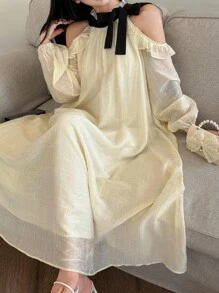 Feyla Women's Elegant Cream And Black Contrast Color Tie Neck Ruffle Hem Dress,Autumn Casual Tea Party Dress,Fall Homecoming Hoco Back To School Outfits - Apricot - View 3
