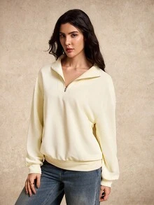 House of One Zip-Up Front Mock Neck Plain Casual Sweatshirt Women Autumn Winter Pullover For Women - Khaki - View 5