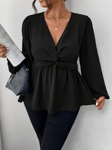 Firerie 大码休闲扭纹 A 字长袖衬衫，绿色 - 黑色 - 查看 3