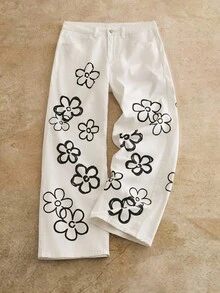 Manfinity NXTstreet 男士休闲涂鸦花卉印花中腰牛仔裤 - 白色 - 查看 1