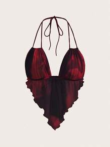 SHEIN ICON Parte superior roja de mujer con estampado de teñido anudado, con cuello halter y espalda descubierta - Rojo - Ver 7