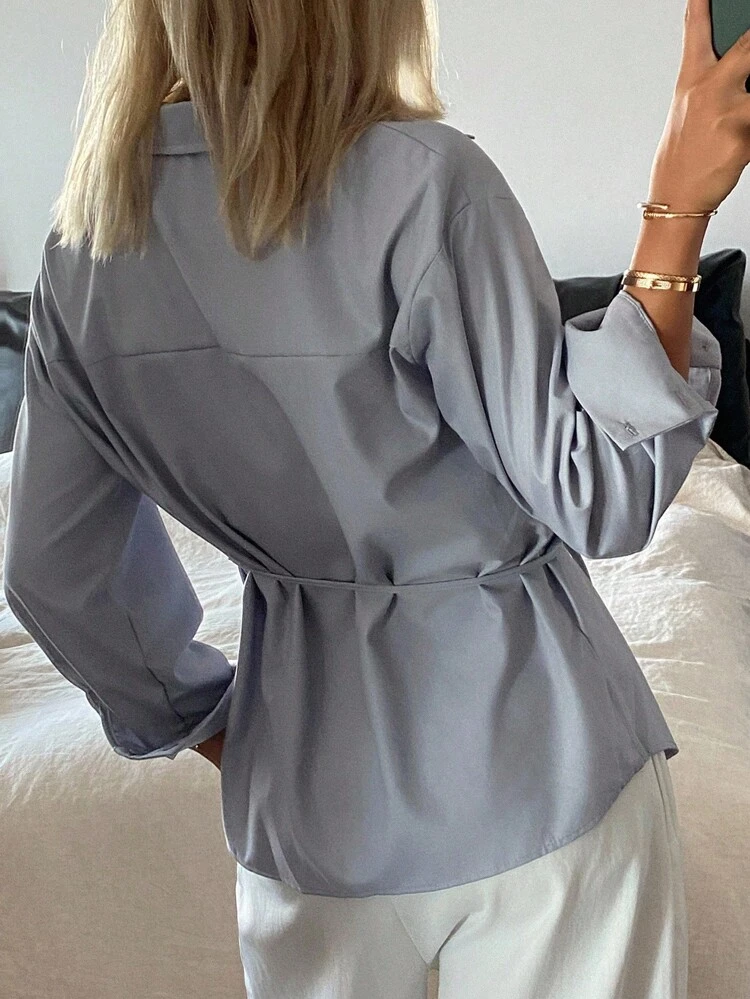 Women's Casual Solid Color Asymmetric Tie Shirt, Autumn,Fall Women Clothes Long Sleeve Top
