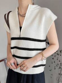 FRIFUL 女士条纹拉链半开襟短袖宽松针织衫 女士针织上衣 夏季针织上衣 条纹针织上衣 短袖毛衣背心 拉链针织上衣 - 黑與白 - 查看 2