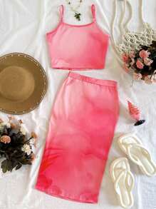 SHEIN 青少年女孩花卉印花修身休闲舒适背心和迷你裙套装 - 玫紅色 - 查看 2