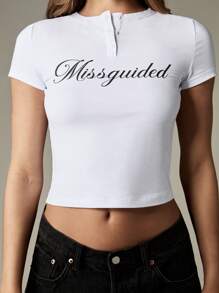MISSGUIDED Logo Script Button Detail Crop Top White Baby Tee Y2K Fashion Short Sleeve Fitted Basic Casual Summer Cotton Jersey - White - View 5
