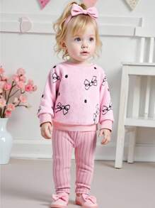 SHEIN 2 Stücke Baby Mädchen Jacke mit Schleifendekor, Rundhalsausschnitt, Langarm & Hose mit elastischem Bund, Kinderkleidung, Babykleidung, geeignet für Herbst/Winter, Party & Alltag