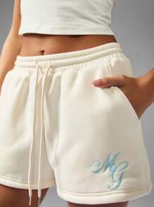 MISSGUIDED 女式刺绣慢跑短裤 MG 标志高腰抽绳套穿夏季休闲海滩舒适短裤 - 杏色 - 查看 1