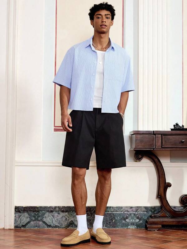 SWAVVY 2pcs Men's Woven Casual Loose Short Sleeve Shirt & Elastic Waist Straight Leg Shorts Set