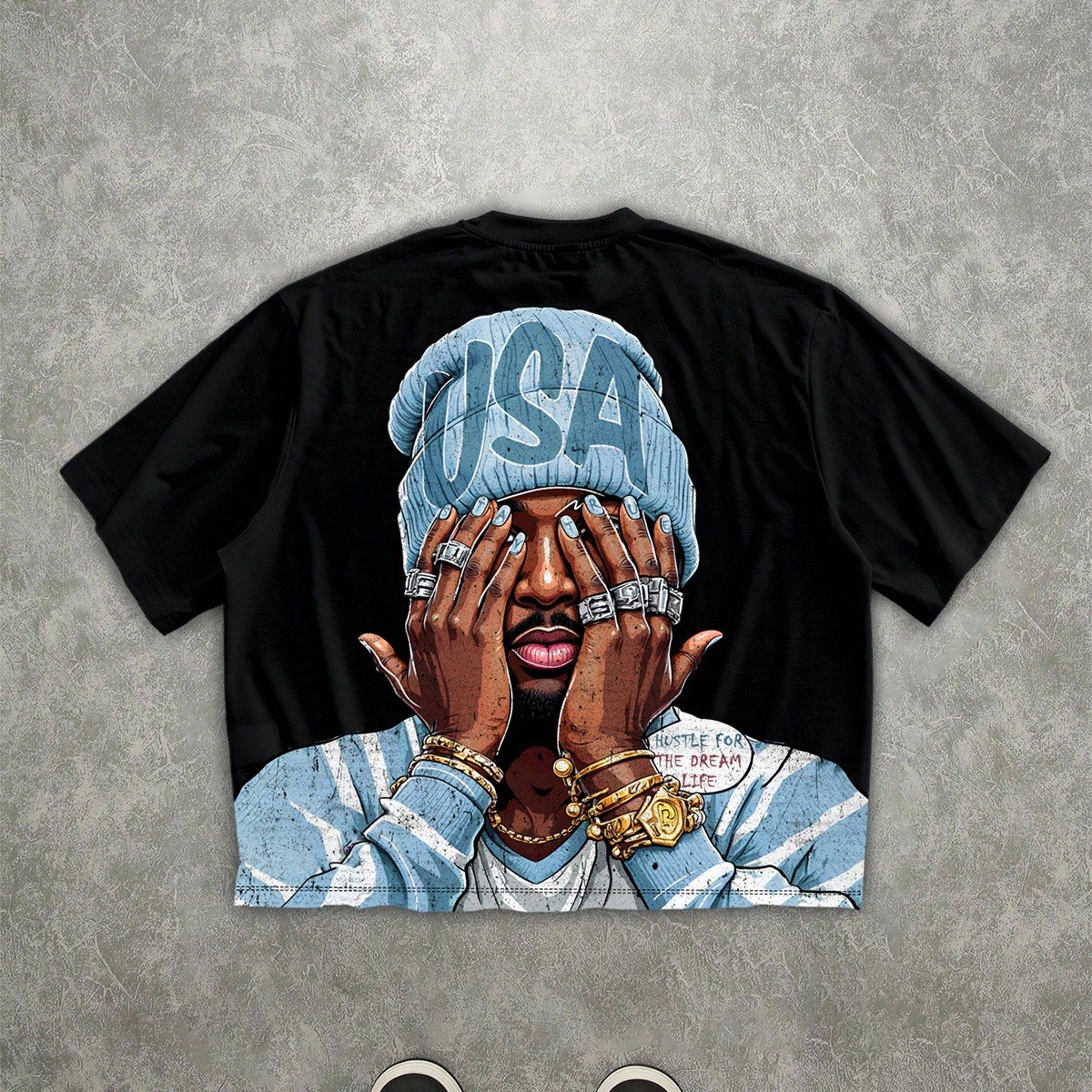 Camiseta corta de corte holgado con estampado de personaje de calle para hombre